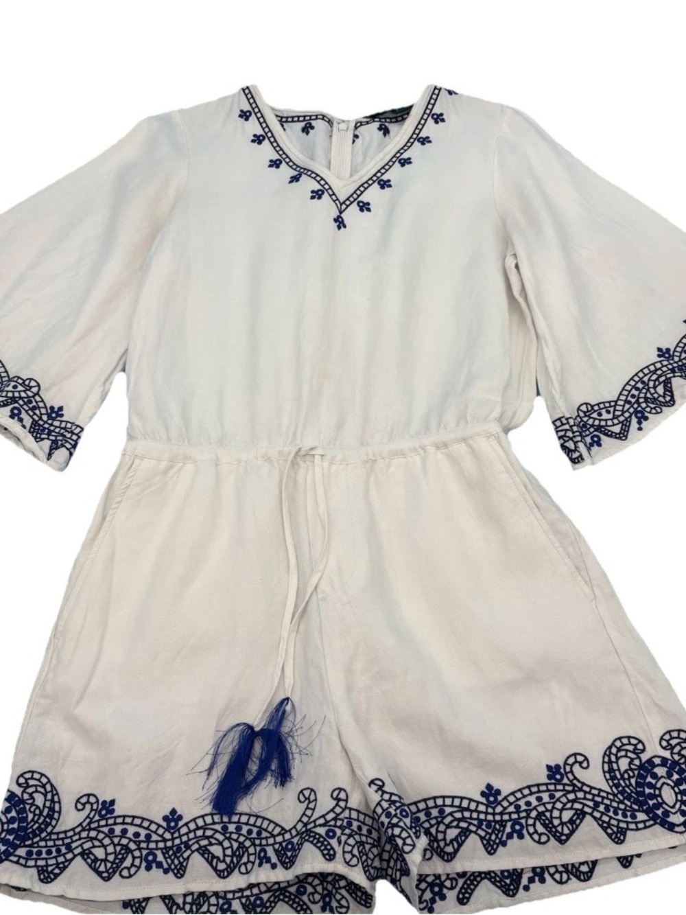 Lauren Ralph Lauren White Blue Linen Drawstring Waist Romper Jumper 4 Women’s
